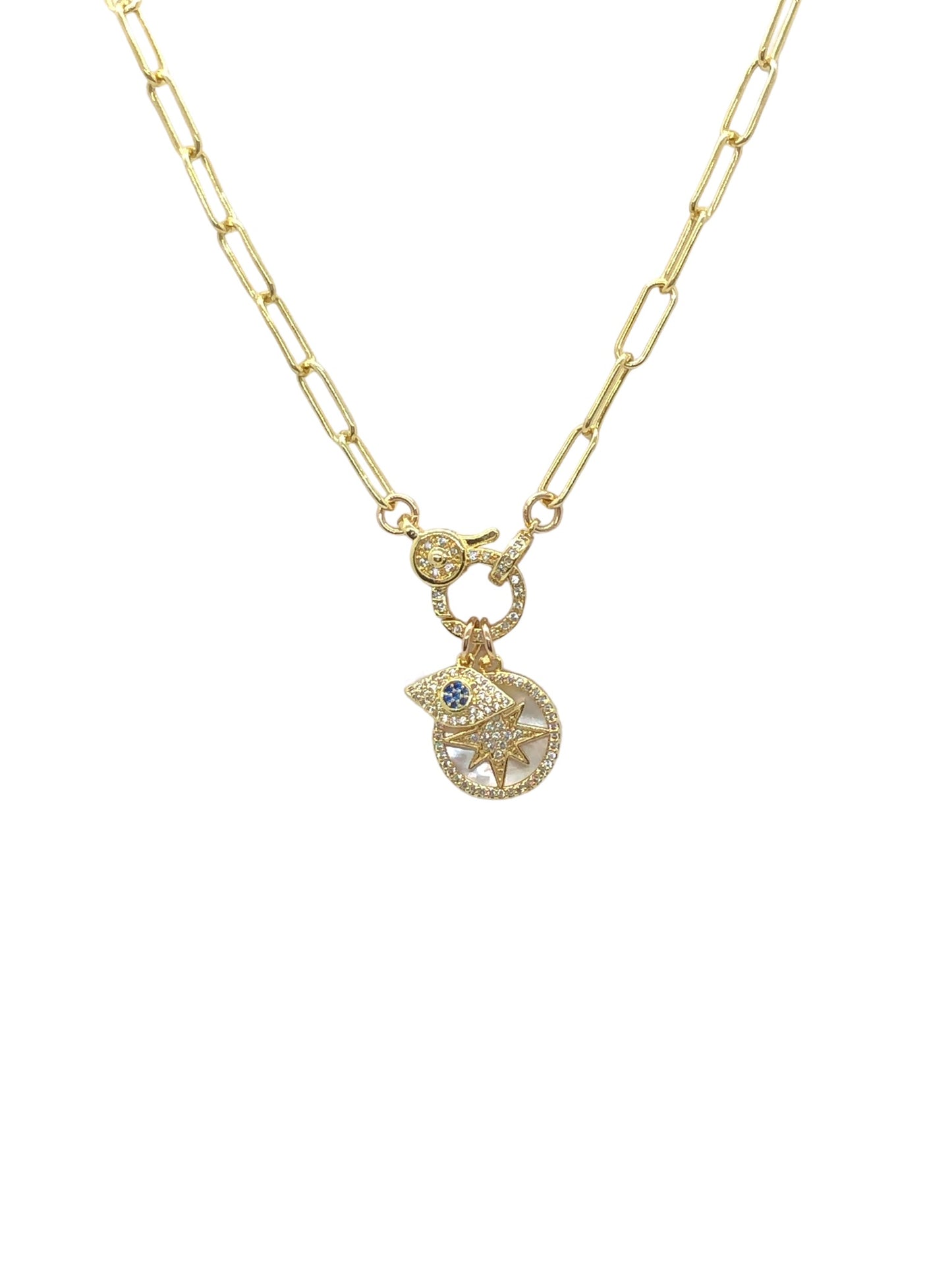 16” Vermeil Starburst Mother Of Pearl /CZ Evil Eye