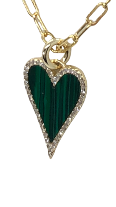 20” gold filled paper clip chain with malachite cz heart